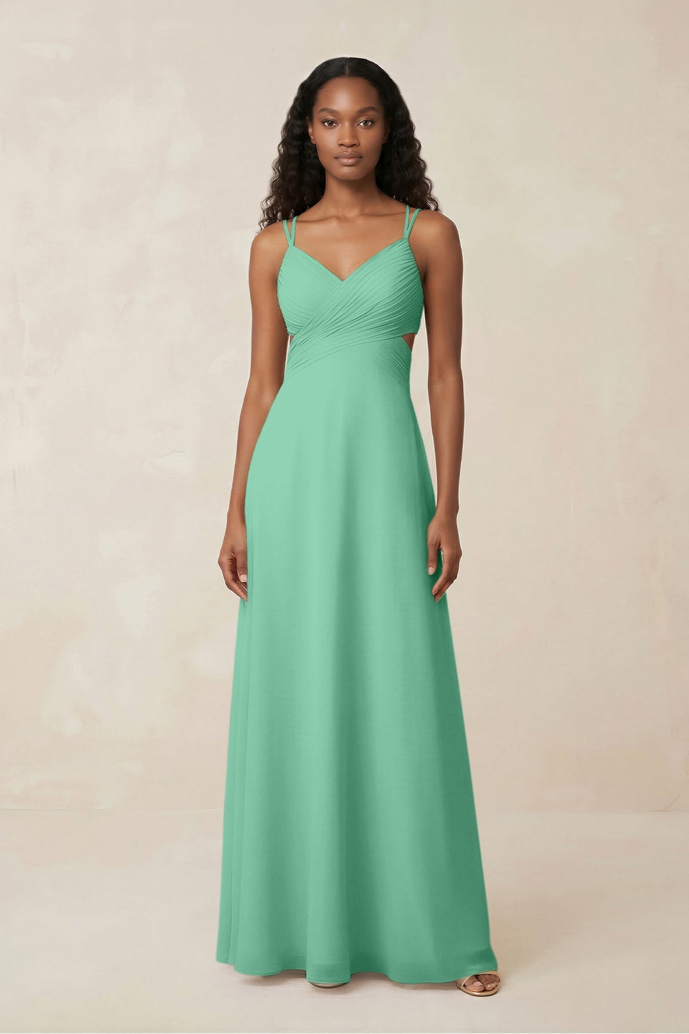 V - Neck Chiffon A - Line Cut - Out Bridesmaid Dress in Turquoise - KISS BRIDAL Bridesmaid Dresses