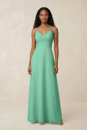 V - Neck Chiffon A - Line Cut - Out Bridesmaid Dress in Turquoise - SHE IS ME Bridesmaid Dresses