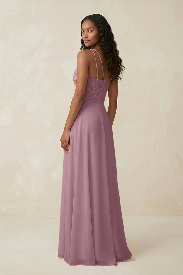 V-Neck Chiffon A-Line Cut-Out Bridesmaid Dress in Vintage Mauve (2) | KISSBRIDAL