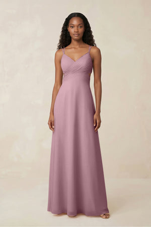V-Neck Chiffon A-Line Cut-Out Bridesmaid Dress in Vintage Mauve | KISSBRIDAL