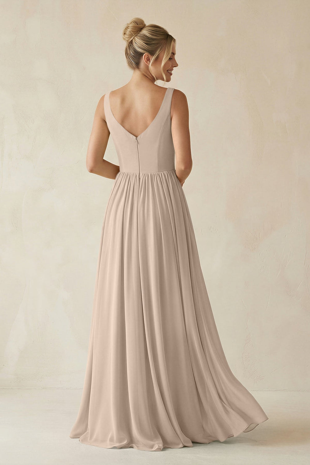 V - Neck Chiffon A - Line Long Bridesmaid Dress in Almond - KISS BRIDAL Bridesmaid Dresses