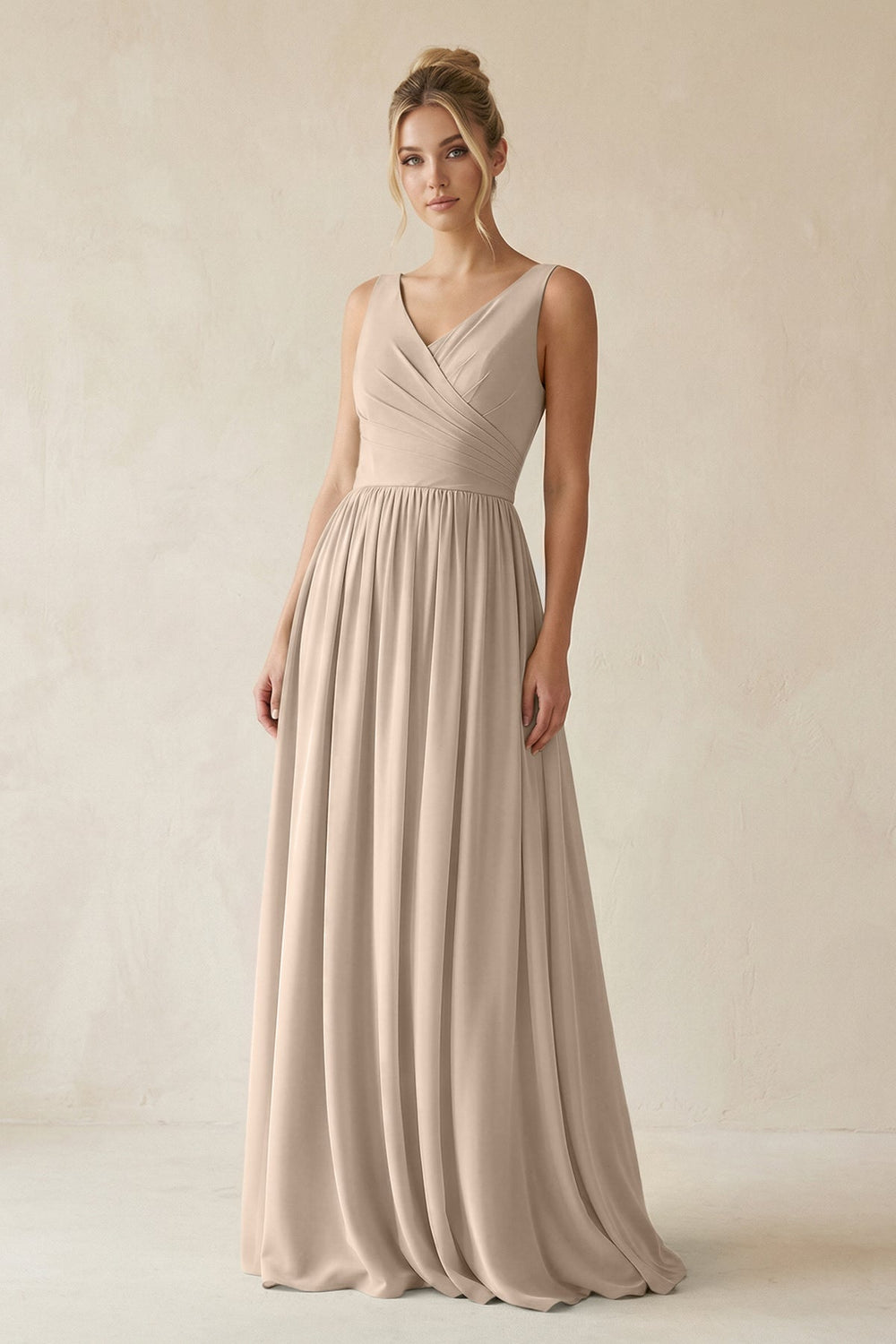 V - Neck Chiffon A - Line Long Bridesmaid Dress in Almond - KISS BRIDAL Bridesmaid Dresses