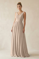 V - Neck Chiffon A - Line Long Bridesmaid Dress in Almond - SHE IS ME Bridesmaid Dresses