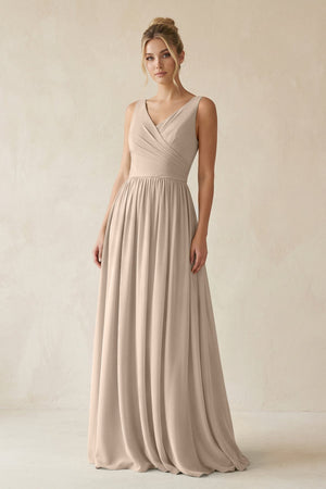 V - Neck Chiffon A - Line Long Bridesmaid Dress in Almond - SHE IS ME Bridesmaid Dresses