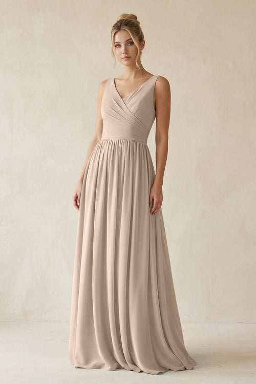 V - Neck Chiffon A - Line Long Bridesmaid Dress in Almond - SHE IS ME Bridesmaid Dresses