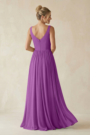 V - Neck Chiffon A - Line Long Bridesmaid Dress in Amethyst - SHE IS ME Bridesmaid Dresses