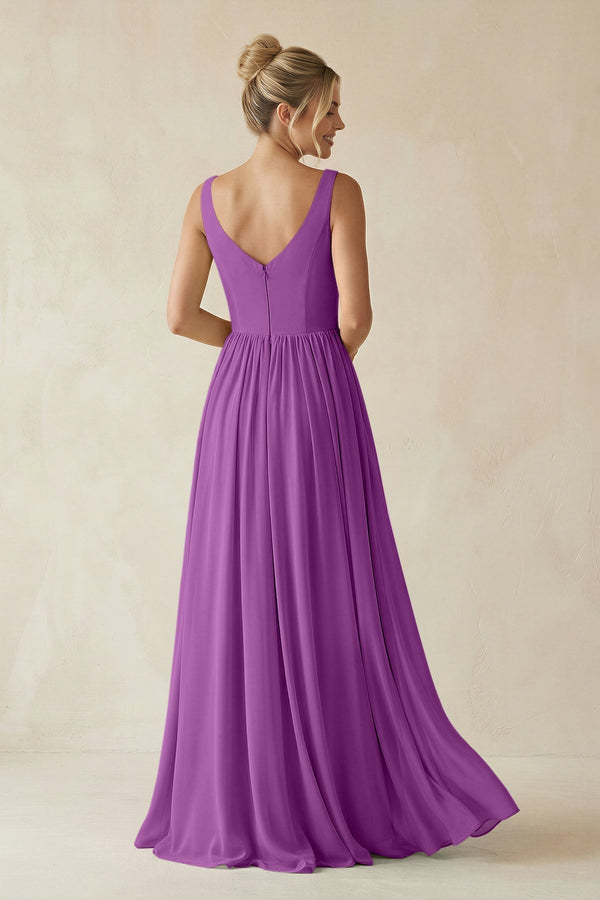 V - Neck Chiffon A - Line Long Bridesmaid Dress in Amethyst - SHE IS ME Bridesmaid Dresses