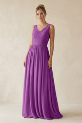 V - Neck Chiffon A - Line Long Bridesmaid Dress in Amethyst - KISS BRIDAL Bridesmaid Dresses