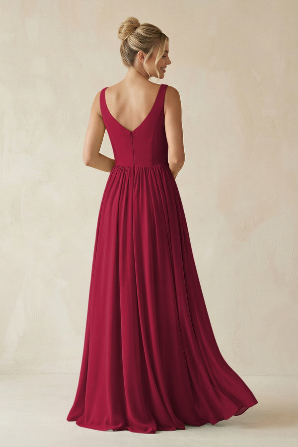 V - Neck Chiffon A - Line Long Bridesmaid Dress in Berry - SHE IS ME Bridesmaid Dresses