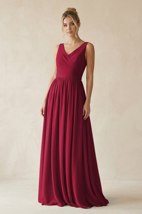V - Neck Chiffon A - Line Long Bridesmaid Dress in Berry - SHE IS ME Bridesmaid Dresses