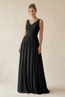 V - Neck Chiffon A - Line Long Bridesmaid Dress in Black - SHE IS ME Bridesmaid Dresses