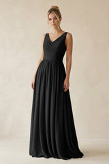 V - Neck Chiffon A - Line Long Bridesmaid Dress in Black - KISS BRIDAL Bridesmaid Dresses