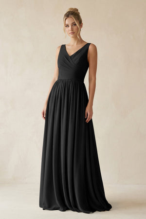 V - Neck Chiffon A - Line Long Bridesmaid Dress in Black - SHE IS ME Bridesmaid Dresses