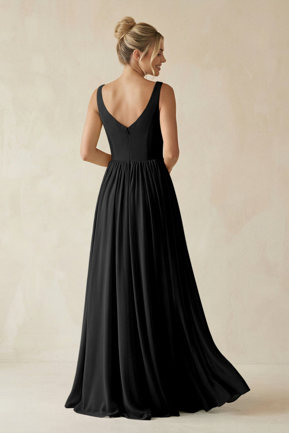 V - Neck Chiffon A - Line Long Bridesmaid Dress in Black - KISS BRIDAL Bridesmaid Dresses