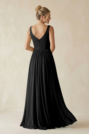 V - Neck Chiffon A - Line Long Bridesmaid Dress in Black - SHE IS ME Bridesmaid Dresses