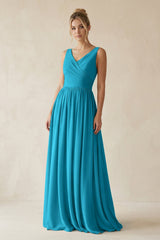 V - Neck Chiffon A - Line Long Bridesmaid Dress in Blue Jay - KISS BRIDAL Bridesmaid Dresses