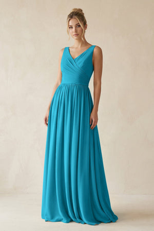 V - Neck Chiffon A - Line Long Bridesmaid Dress in Blue Jay - SHE IS ME Bridesmaid Dresses