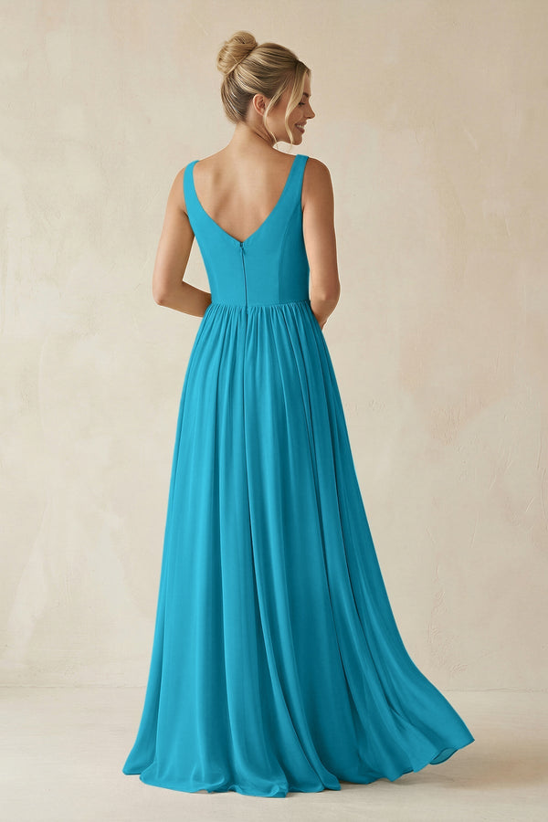 V - Neck Chiffon A - Line Long Bridesmaid Dress in Blue Jay - SHE IS ME Bridesmaid Dresses