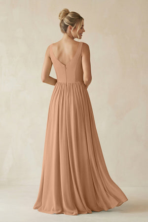 V - Neck Chiffon A - Line Long Bridesmaid Dress in Bronzer - SHE IS ME Bridesmaid Dresses