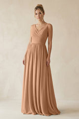 V - Neck Chiffon A - Line Long Bridesmaid Dress in Bronzer - KISS BRIDAL Bridesmaid Dresses