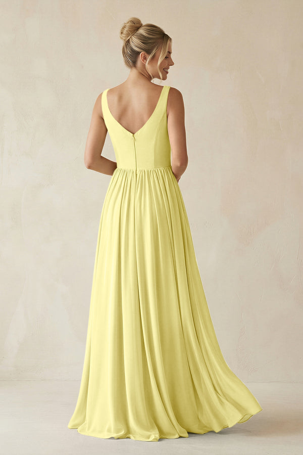 V - Neck Chiffon A - Line Long Bridesmaid Dress in Buttercup - SHE IS ME Bridesmaid Dresses