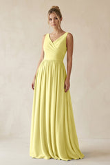 V - Neck Chiffon A - Line Long Bridesmaid Dress in Buttercup - KISS BRIDAL Bridesmaid Dresses