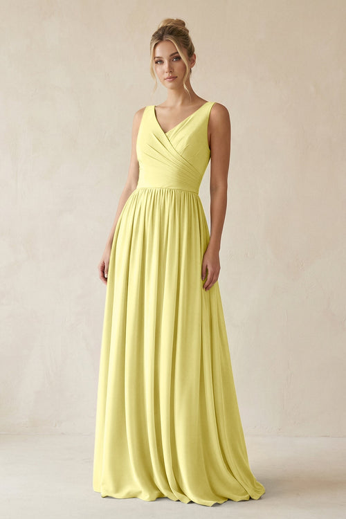 V - Neck Chiffon A - Line Long Bridesmaid Dress in Buttercup - SHE IS ME Bridesmaid Dresses