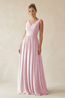 V - Neck Chiffon A - Line Long Bridesmaid Dress in Candy Pink - SHE IS ME Bridesmaid Dresses