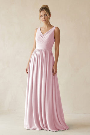 V - Neck Chiffon A - Line Long Bridesmaid Dress in Candy Pink - SHE IS ME Bridesmaid Dresses