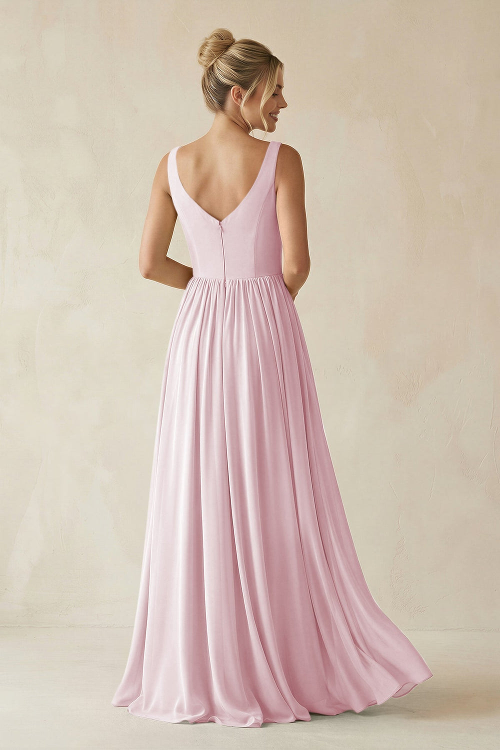 V - Neck Chiffon A - Line Long Bridesmaid Dress in Candy Pink - KISS BRIDAL Bridesmaid Dresses
