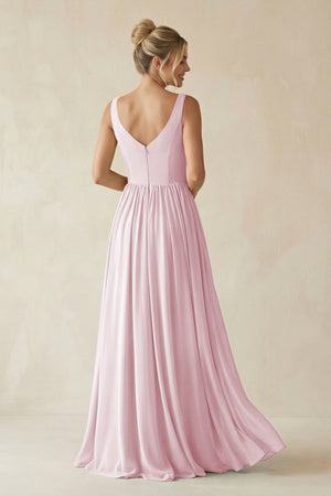 V - Neck Chiffon A - Line Long Bridesmaid Dress in Candy Pink - SHE IS ME Bridesmaid Dresses