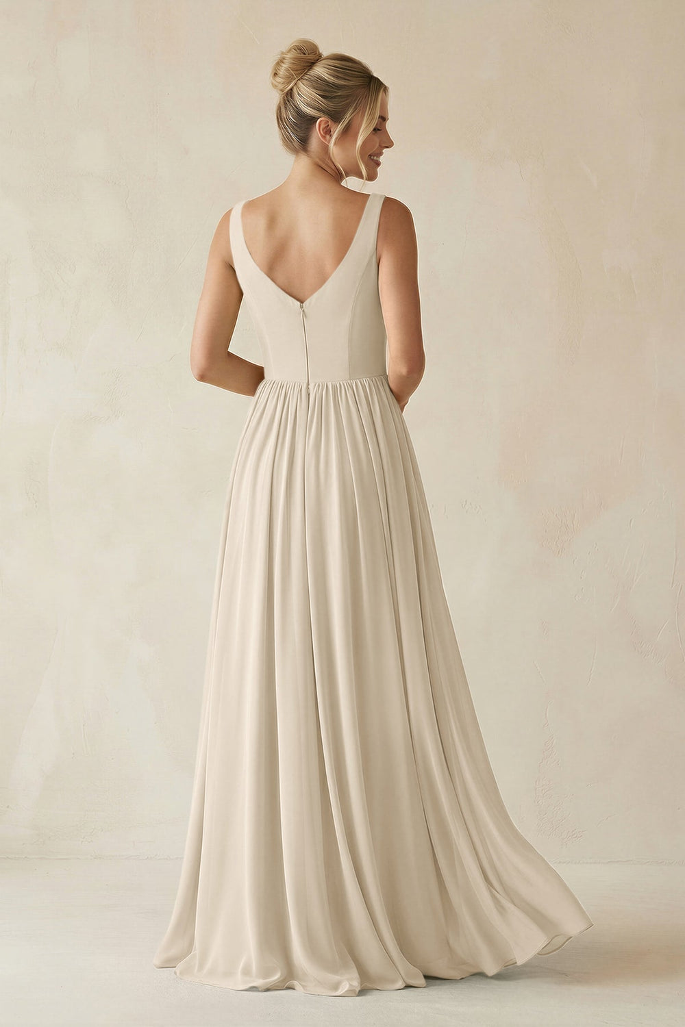 V - Neck Chiffon A - Line Long Bridesmaid Dress in Champagne - KISS BRIDAL Bridesmaid Dresses