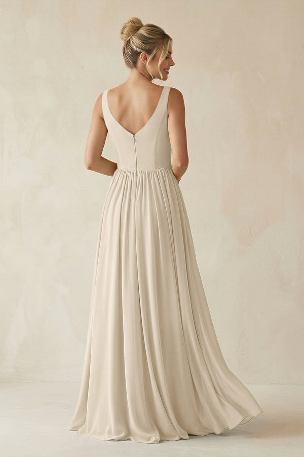 V - Neck Chiffon A - Line Long Bridesmaid Dress in Champagne - SHE IS ME Bridesmaid Dresses