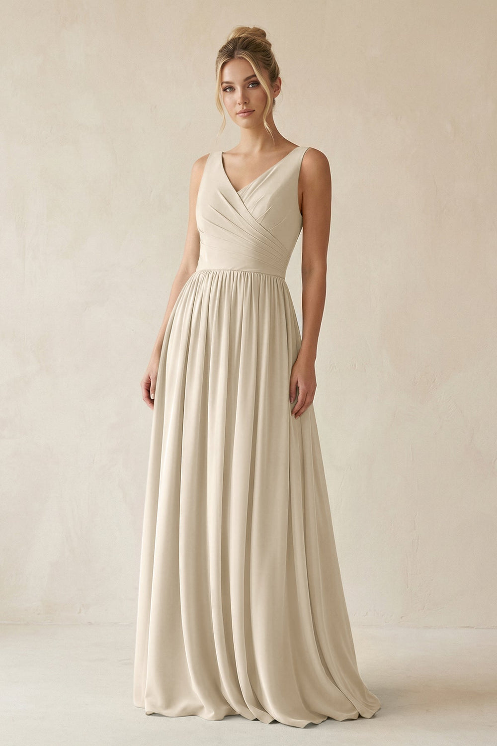 V - Neck Chiffon A - Line Long Bridesmaid Dress in Champagne - KISS BRIDAL Bridesmaid Dresses