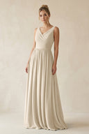 V - Neck Chiffon A - Line Long Bridesmaid Dress in Champagne - SHE IS ME Bridesmaid Dresses