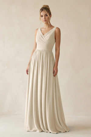 V - Neck Chiffon A - Line Long Bridesmaid Dress in Champagne - SHE IS ME Bridesmaid Dresses