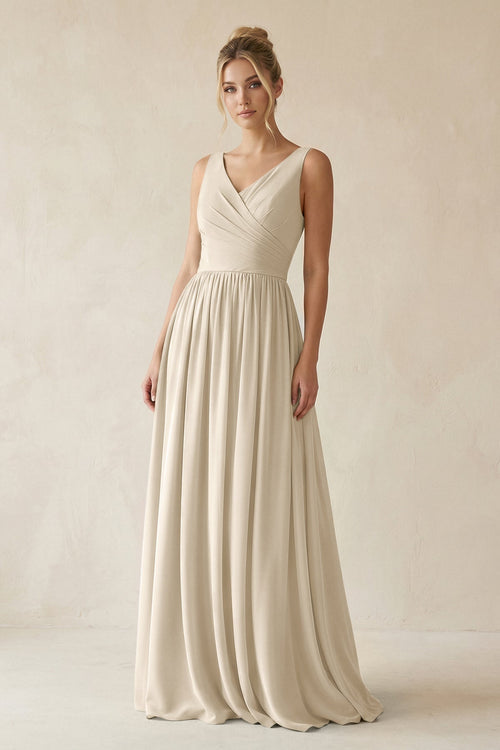 V - Neck Chiffon A - Line Long Bridesmaid Dress in Champagne - SHE IS ME Bridesmaid Dresses