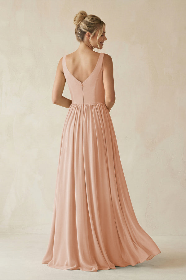 V - Neck Chiffon A - Line Long Bridesmaid Dress in Champagne Rose - SHE IS ME Bridesmaid Dresses