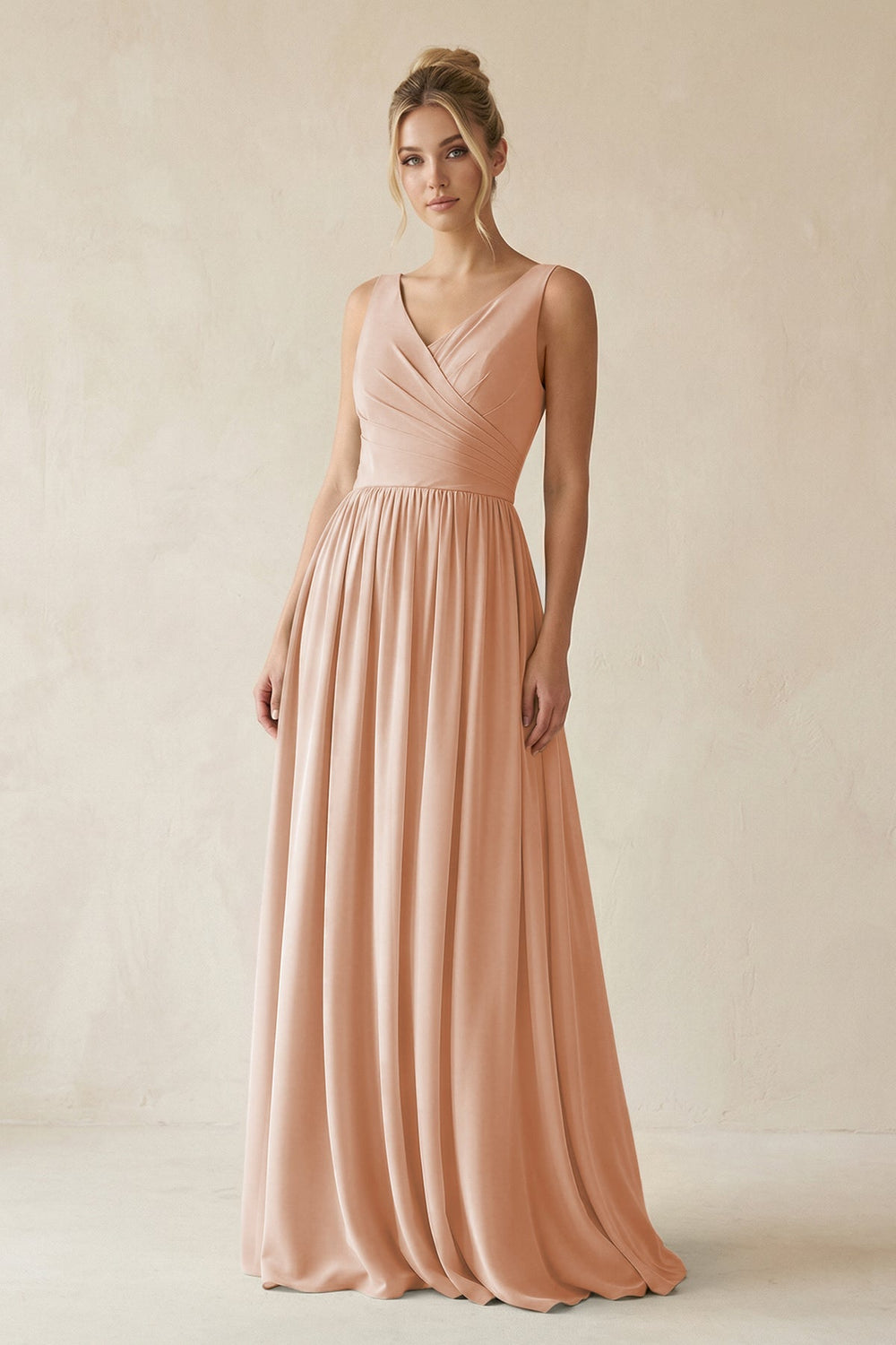 V - Neck Chiffon A - Line Long Bridesmaid Dress in Champagne Rose - KISS BRIDAL Bridesmaid Dresses