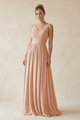 V - Neck Chiffon A - Line Long Bridesmaid Dress in Champagne Rose - KISS BRIDAL Bridesmaid Dresses