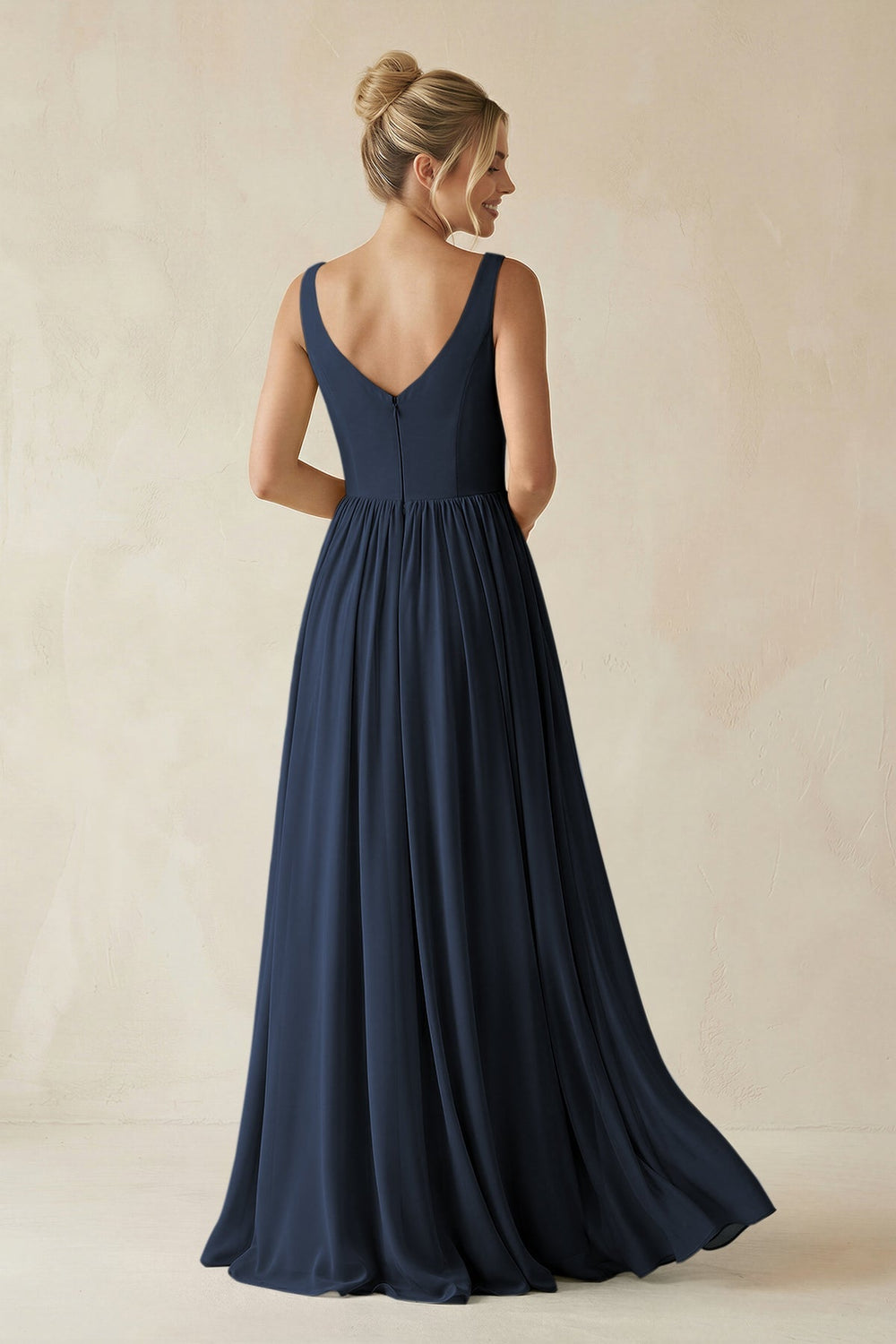 V - Neck Chiffon A - Line Long Bridesmaid Dress in Dark Navy - KISS BRIDAL Bridesmaid Dresses