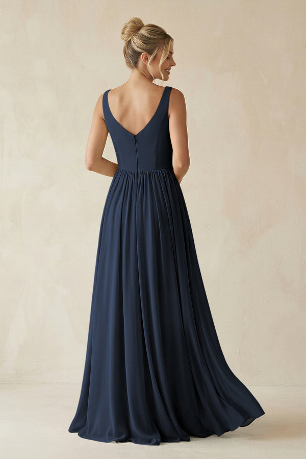 V - Neck Chiffon A - Line Long Bridesmaid Dress in Dark Navy - SHE IS ME Bridesmaid Dresses