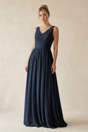V - Neck Chiffon A - Line Long Bridesmaid Dress in Dark Navy - SHE IS ME Bridesmaid Dresses