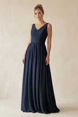 V - Neck Chiffon A - Line Long Bridesmaid Dress in Dark Navy - KISS BRIDAL Bridesmaid Dresses