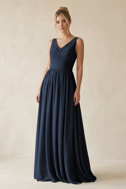 V - Neck Chiffon A - Line Long Bridesmaid Dress in Dark Navy - SHE IS ME Bridesmaid Dresses
