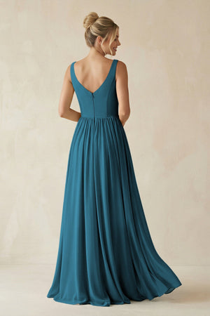 V - Neck Chiffon A - Line Long Bridesmaid Dress in Dark Teal - SHE IS ME Bridesmaid Dresses