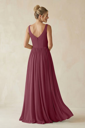 V-Neck Chiffon A-Line Long Bridesmaid Dress in Desert Rose (2) | KISSBRIDAL