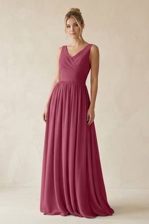 V - Neck Chiffon A - Line Long Bridesmaid Dress in Desert Rose - SHE IS ME Bridesmaid Dresses