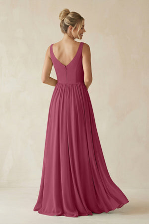 V - Neck Chiffon A - Line Long Bridesmaid Dress in Desert Rose - SHE IS ME Bridesmaid Dresses