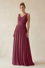 V-Neck Chiffon A-Line Long Bridesmaid Dress in Desert Rose | KISSBRIDAL
